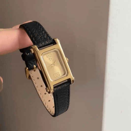 Tidlöst guld: Svart läder och guld Dial Quartz Watch