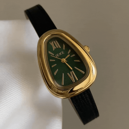 Vintage šarm: crna kožna i zlatna futrola zelena serpenti kvarc sat