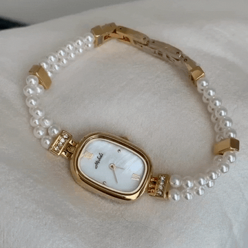 Pearl Muse-Χρυσό τετράγωνο βραχιόλι ρολόι με μαργαριτάρι με μαργαριτάρι