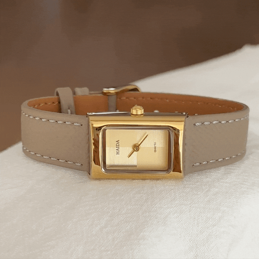 Women’s Quartz Watch – Elephant Gray Leather Strap with Rectangular Gold Case