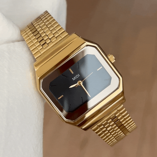 Luxury Women’s Quartz Watch – Gold Wide Strap with Black Rectangular Dial