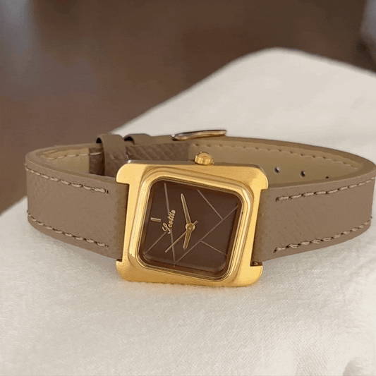Elegant Women’s Quartz Watch – Elephant Grey Leather Strap, Gold Case, Geometric Square Dial