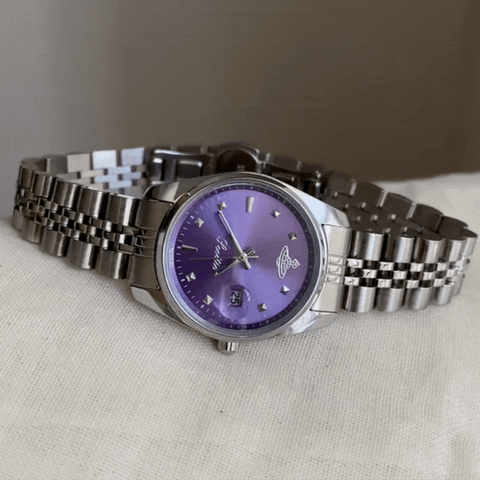 Silver Watch – Women's Quartz Watch with Wide Bracelet & Bold Purple Round Dial | Violet Aura