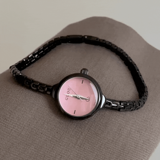 Trendy Women’s Quartz Watch – Black Slim Strap with Pink Round Dial, Sweet and Cool Fashion Style