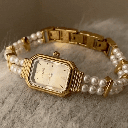 Parisian Pearl – Gold Rectangular Dial Women’s Quartz Watch with Elegant Pearl Bracelet Design