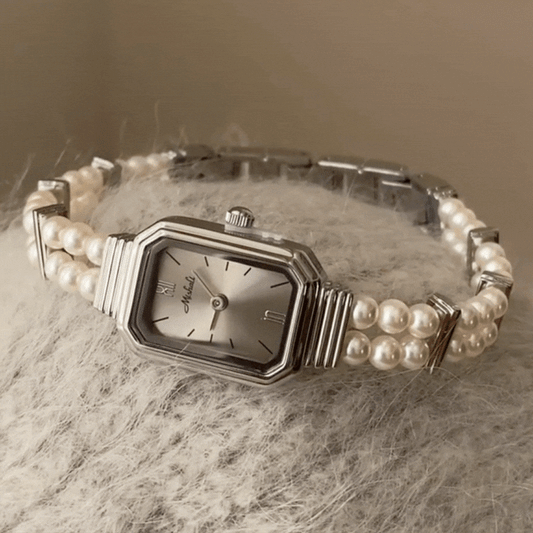 Parisian Pearl – Silver Rectangular Dial Women’s Quartz Watch with Elegant Pearl Bracelet Design