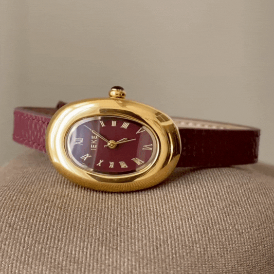 Scarlet Luxe – Red Leather Strap Women’s Quartz Watch with Gold Oval Case and Matching Red Dial