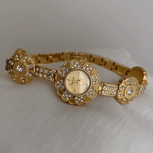 Fleur d’Or – Vintage Floral Bracelet Women’s Quartz Watch with Crystal-Set Flower Dial