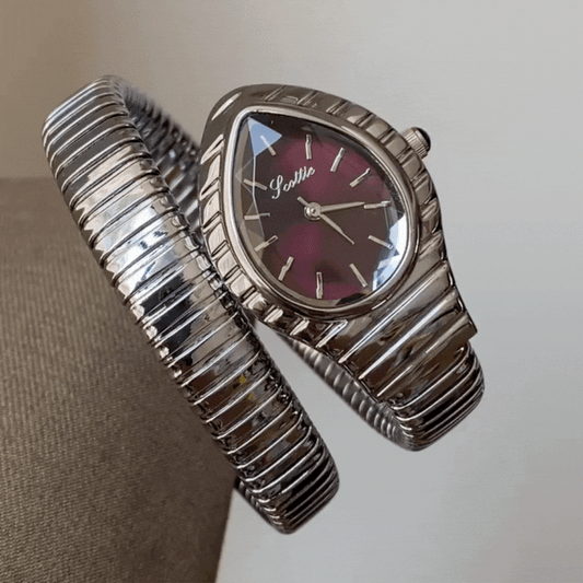 Serpenti Chic – Silver Snake Coil Women’s Quartz Watch with Purple Snake Head Dial