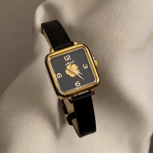 Vintage Elegance: Crna kožna i zlatna futrola Camellia biranje kvarc sat