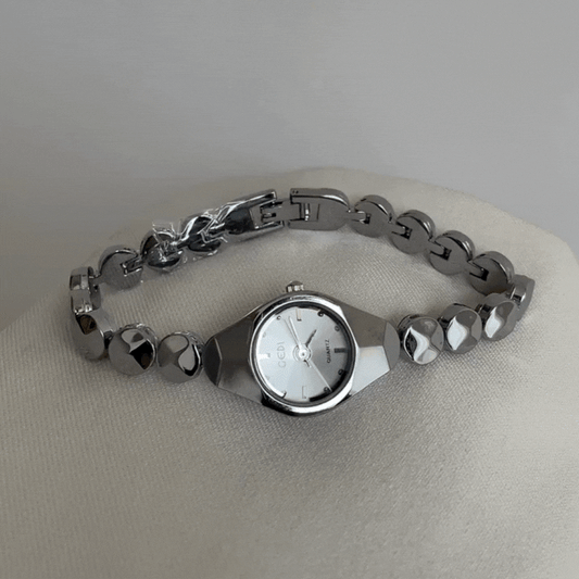 Women's Quartz Watch – Silver Beaded Bracelet Style with Irregular Case and Small Round Dial