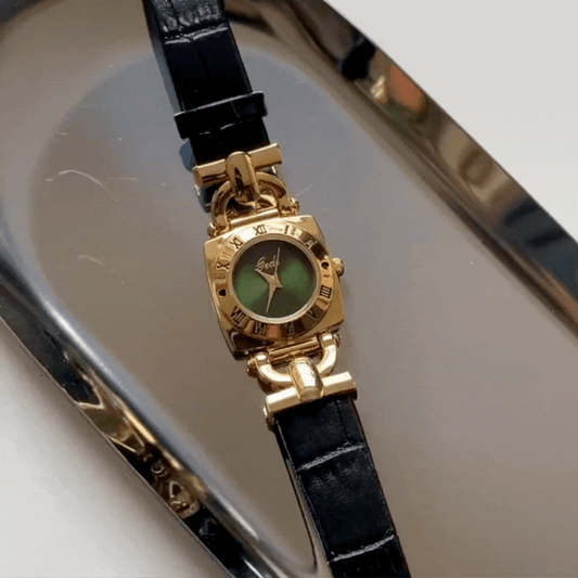 Vintage Noir Timepiece: Black and Gold Green Dial Leather Watch