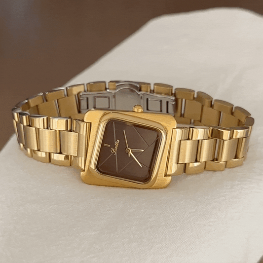 Women’s Quartz Watch – Gold Strap with Brown Square Dial, Elegant Fashion Wristwatch