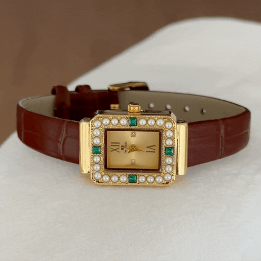 French Vintage Brown Leather Women’s Quartz Watch – Gold Rectangular Case with Diamond & Pearl Inlay