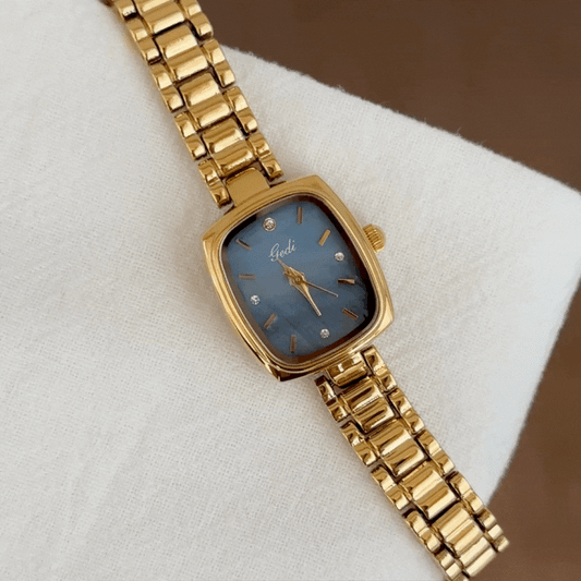 Fashion Elegant Gold Strap Women’s Quartz Watch – Rectangular Blue Dial