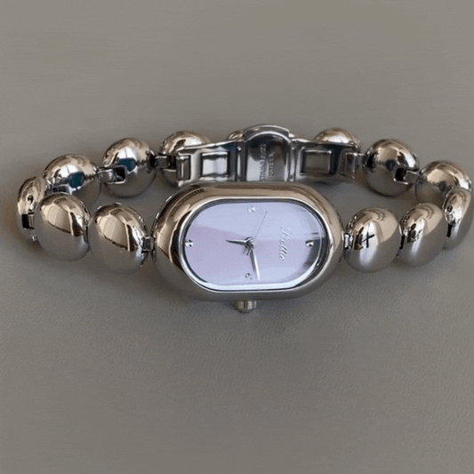 Beaded Bracelet Quartz Watch with Purple Oval Dial – Elegant & Unique