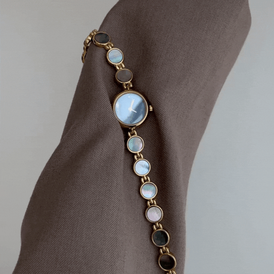 Gold Women’s Bangle Watch – Elegant Bracelet-Style Round Mother of Pearl Dial Quartz Watch | Halo