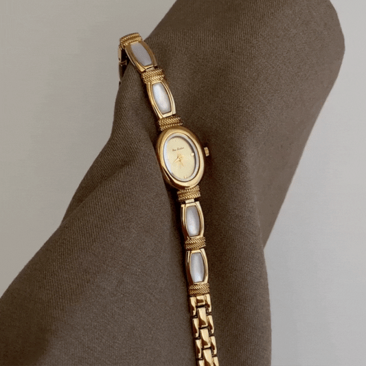 Luna Grace – Gold Chain Bracelet Watch with Oval White Mother-of-Pearl Dial for Women