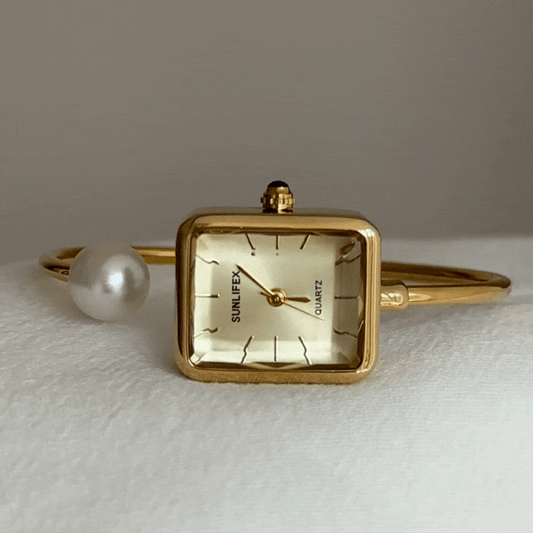 Gold Women’s Bangle Pearl Accent Rectangular Dial Quartz Watch French Elegant Style – Lumière Pearl