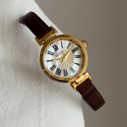 Brown Women Round Dial Watch Slim Strap Gold Case Quartz Vintage Elegant Style – Café