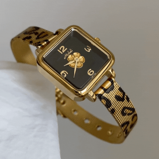Leopard Print remen Quartz Watch for Women - kvadratna crna kamelija biranje, podebljano i elegantno