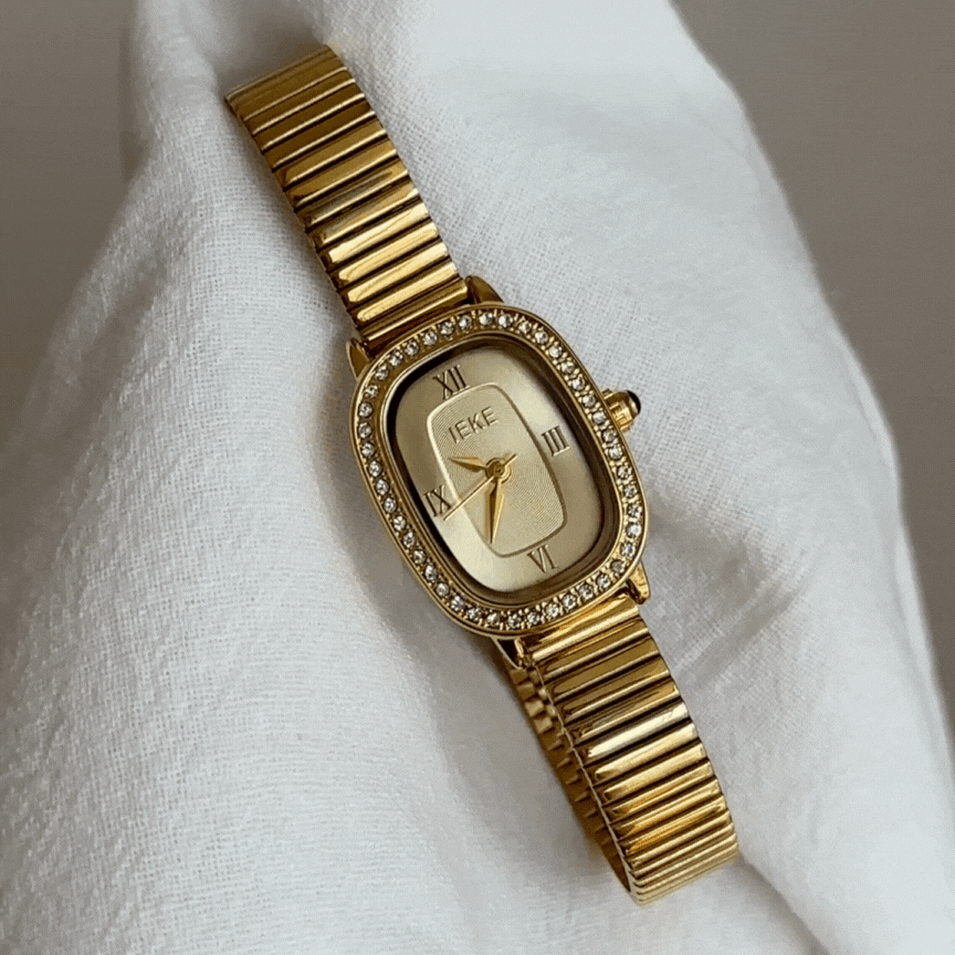 Gold Women Oval Watch with Crystal Case – Elegant Dainty Quartz – MTG