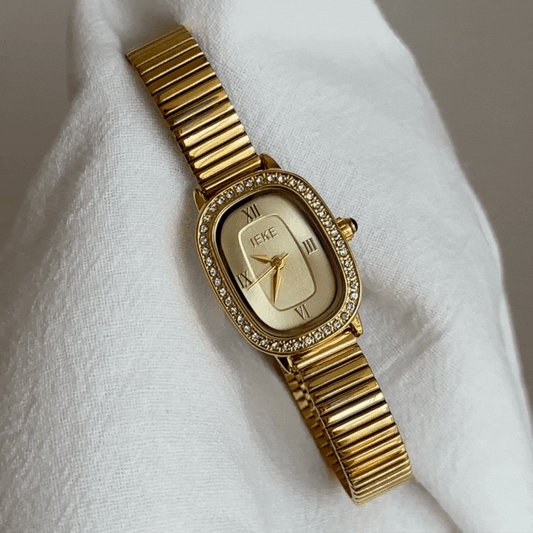 Gold Women Oval Watch with Crystal Case – Elegant Dainty Quartz
