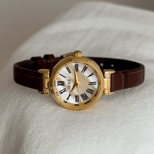Brown Women Round Dial Watch Slim Strap Gold Case Quartz Vintage Elegant Style – Café