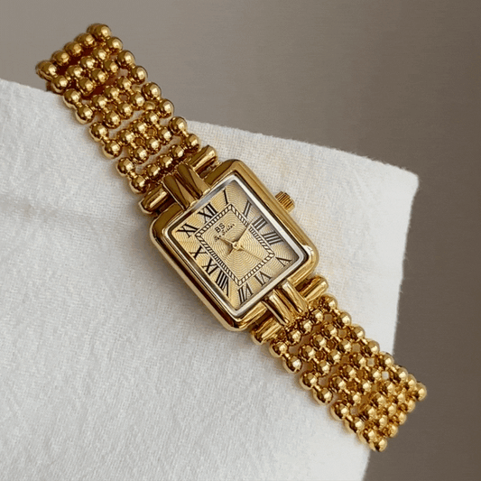 French Vintage Romantic Gold Beaded Bracelet Rectangle Roman Numeral Dial Ladies Quartz Watch - Versailles Bloom