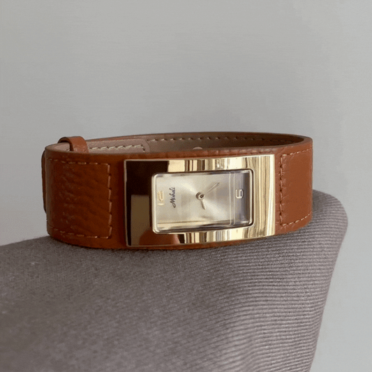 Brown Women Rectangular Dial Watch Genuine Leather Strap Gold Case Quartz Minimalist Fashion Commuter – Vogue