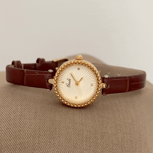 Brown Genuine Leather Slim Strap Round Sunray Dial Ladies Quartz Watch - Vintage Sunbeam