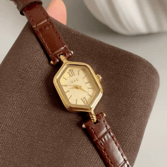 Unique Retro Brown Leather Strap Rhombus Gold Dial Roman Numeral Ladies Quartz Watch - Bohemian Rhyme