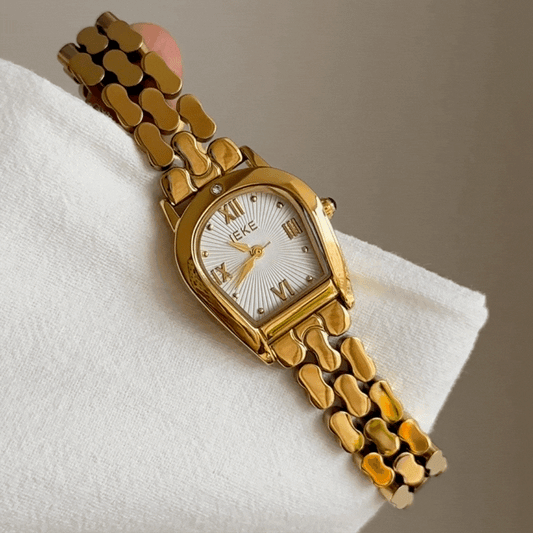 Gold Women Barrel Dial Watch with White Face – Vintage Elegant Quartz