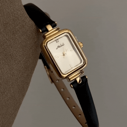 Retro Minimalist Gold Slim Leather Strap Gold Rectangle Dial Ladies Quartz Watch - Golden Heritage