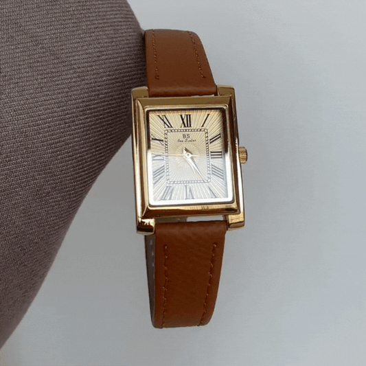Brown Women Rectangular Dial Watch Genuine Leather Strap Gold Case Roman Face Quartz Vintage Style – Roma