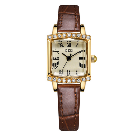 Brown Women's Leather Watch– Dainty Slim Strap, Gold Rectangular Dial & Crystal Case