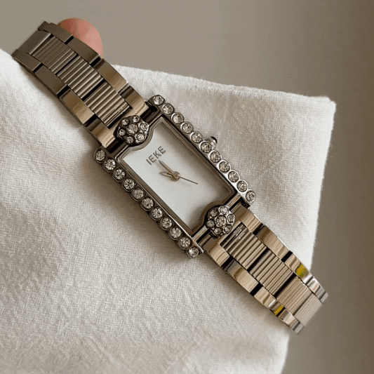 Silver Women Rectangular Watch with White Dial & Crystal Case – Vintage Elegant