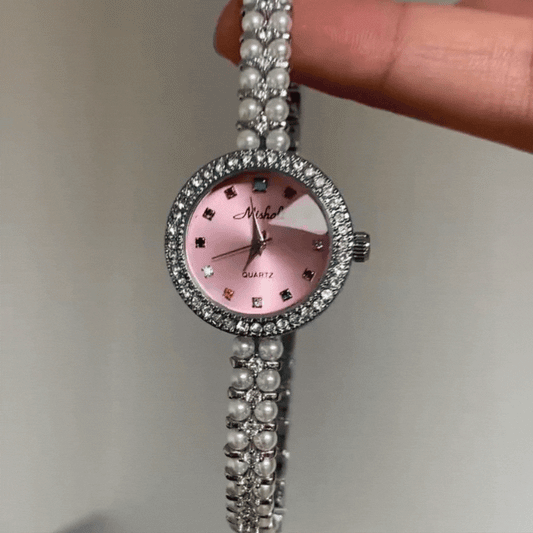 Silver Pearl Bracelet Round Pink Dial Ladies' Quartz Watch