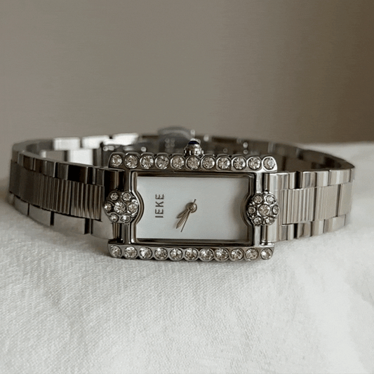 Silver Women Rectangular Watch with White Dial & Crystal Case – Vintage Elegant