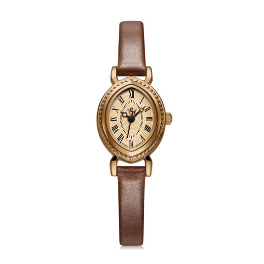 Vintage Brown Thin Leather Strap Watch with Marquise Case – Women’s Quartz Watch