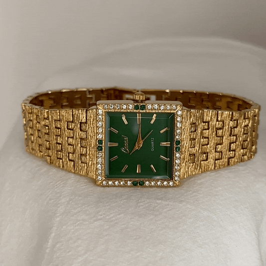 Gold Women Quartz Watch Bracelet Strap Green Square Dial Diamond Case Vintage Elegant Style – Viridis