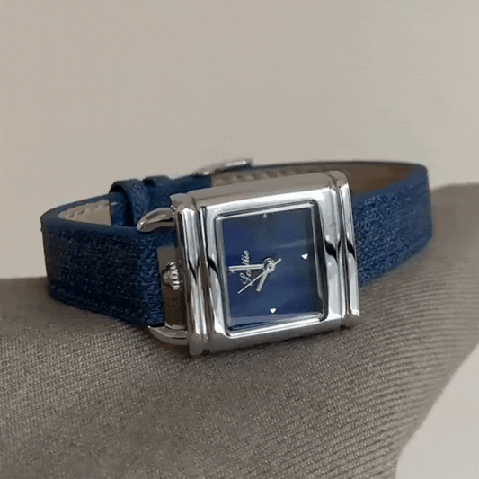 Denim Strap Women’s Silver Square Case Blue Dial Quartz Watch Vintage Casual Style – Indigo Square
