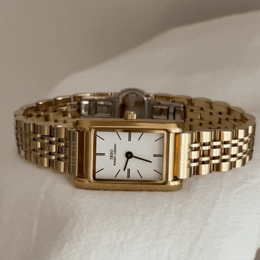 French Fashion Women’s Quartz Watch – Gold Stainless Steel Bracelet with White Rectangular Dial