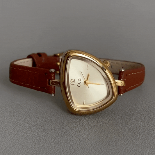 Fashion Minimalist Brown Leather Strap Watch with Unique Irregular Triangle Gold Dial – Women’s Quartz Watch