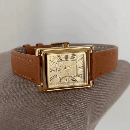 Brown Women Rectangular Dial Watch Genuine Leather Strap Gold Case Roman Face Quartz Vintage Style – Roma