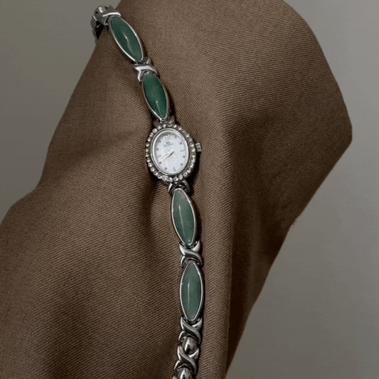 Green Jade Inlay Bracelet Style with Crystal-Set Oval Mother-of-Pearl Dial Women’s Quartz Watch