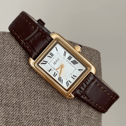 French Elegant Women’s Quartz Watch – Black Leather Strap with Gold Rectangular Case, Roman Numeral White Dial