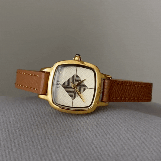 Brown Women Square Dial Watch Slim Genuine Leather Strap Gold Case Geometric Face Quartz Light Luxury Exquisite – Terra