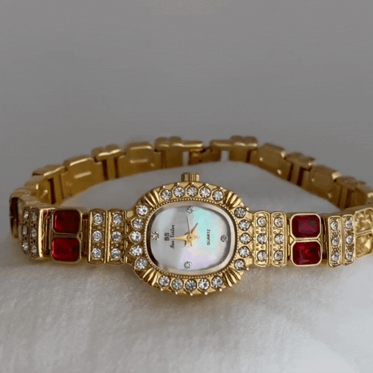 Gold Women Oval Dial Watch Ruby Starry Sky Inlay Bracelet Style White Face Quartz Vintage Light Luxury Exquisite – Celestia