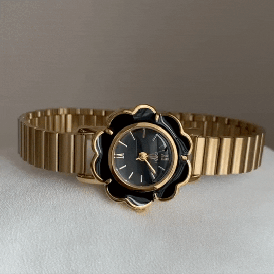 Golden Bloom – Women’s Black Camellia Watch with Bamboo Bracelet